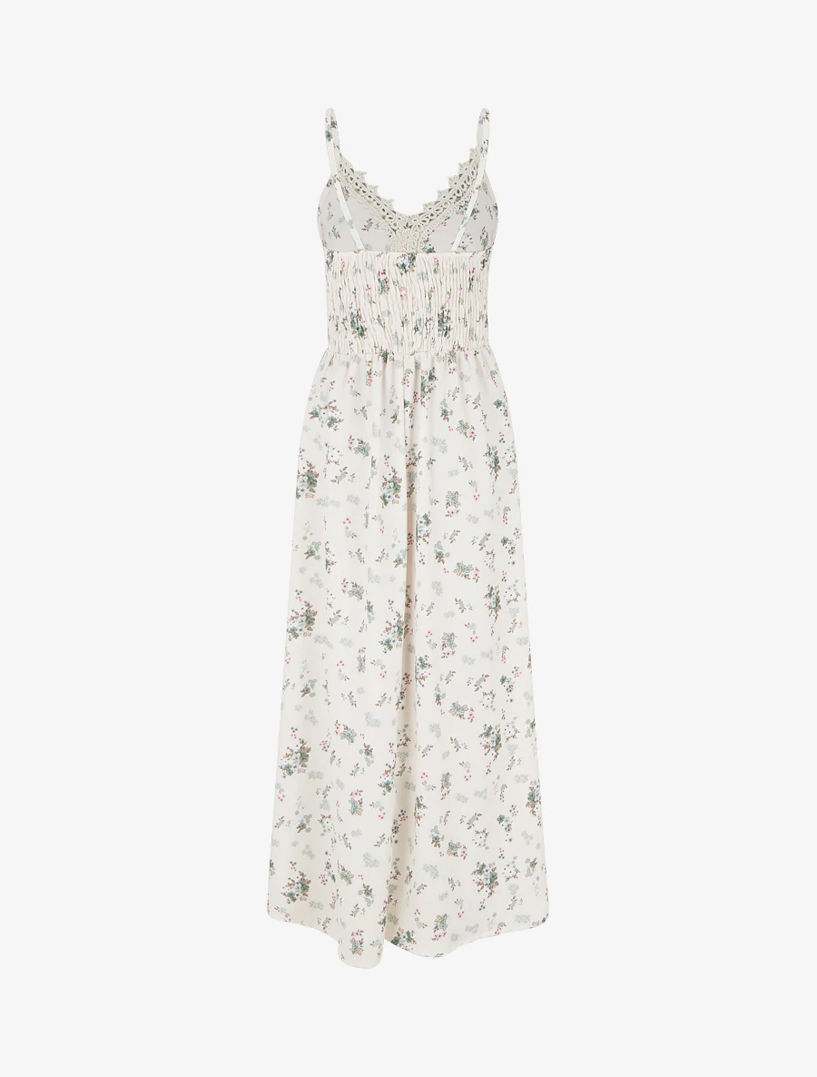 Lange jurk met kleine bloemenprint en haakdetails. - Kaki - Image 2