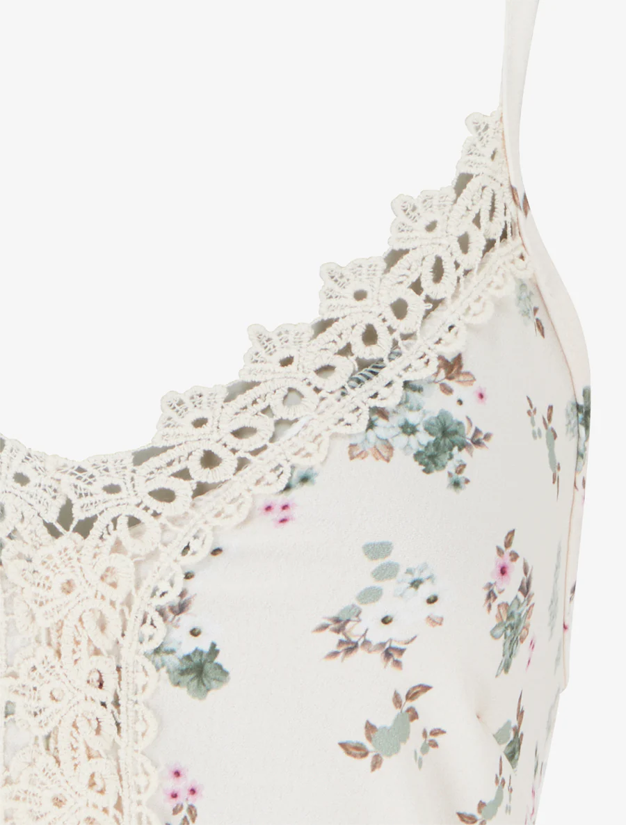 Lange jurk met kleine bloemenprint en haakdetails. - Kaki - Image 3