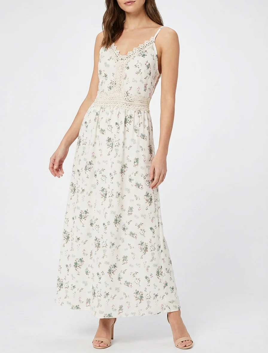 Lange jurk met kleine bloemenprint en haakdetails. - Kaki - Image 4