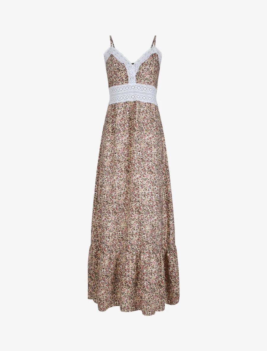 Lange jurk met kleine bloemenprint en kanten V-hals - Beige