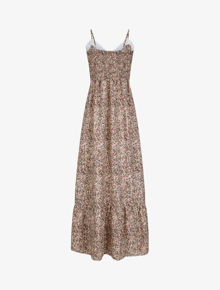 Lange jurk met kleine bloemenprint en kanten V-hals - Beige - Image 2