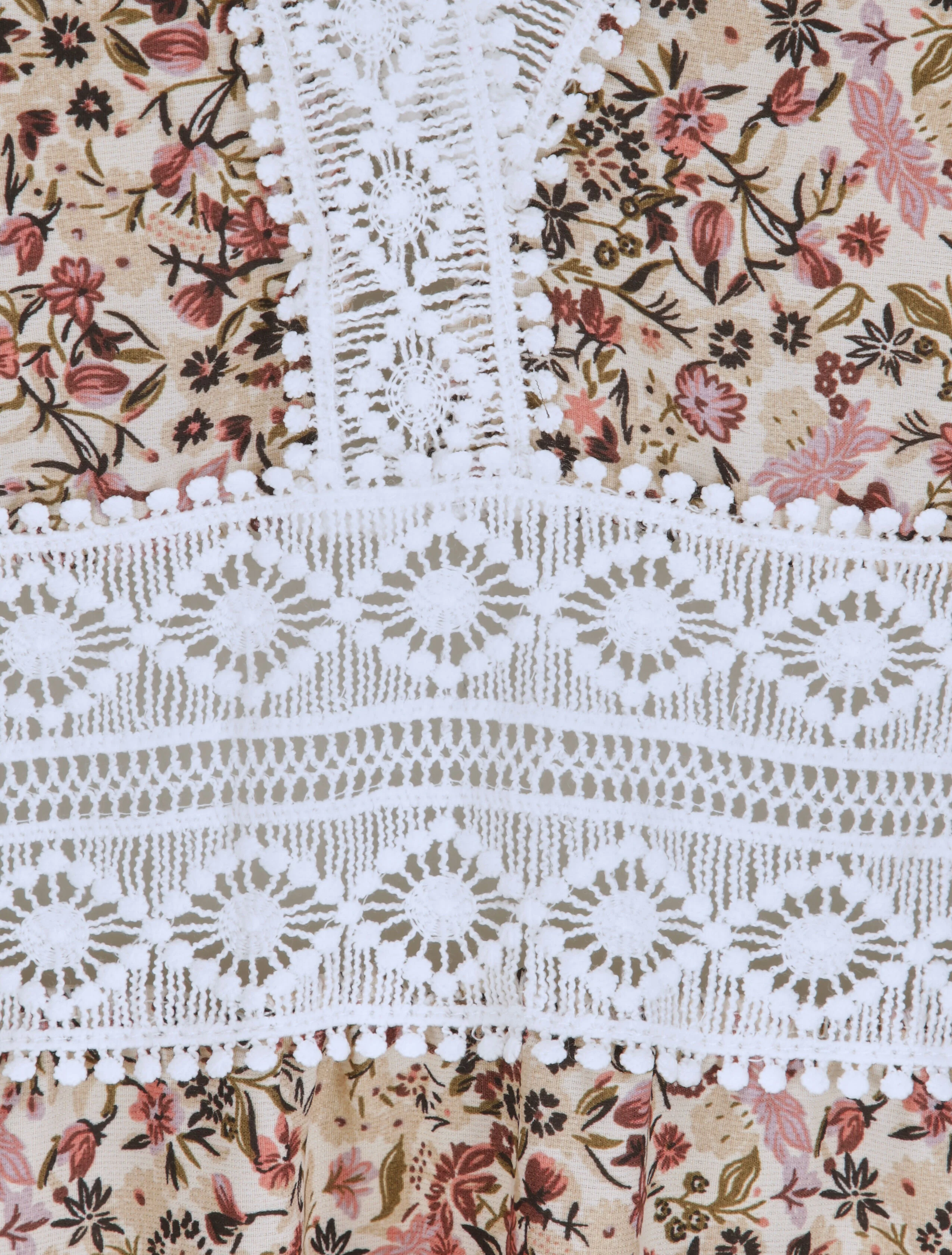 Lange jurk met kleine bloemenprint en kanten V-hals - Beige - Image 3