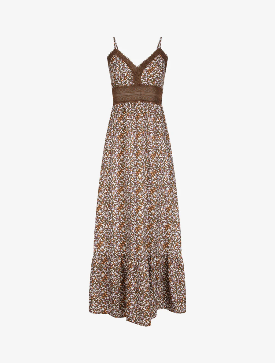Lange jurk met kleine bloemenprint en kanten V-hals - Bruin