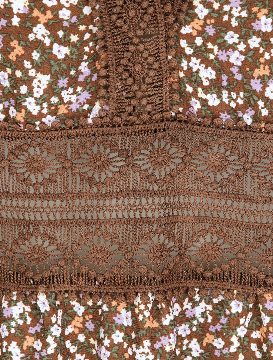 Lange jurk met kleine bloemenprint en kanten V-hals - Bruin - Image 3