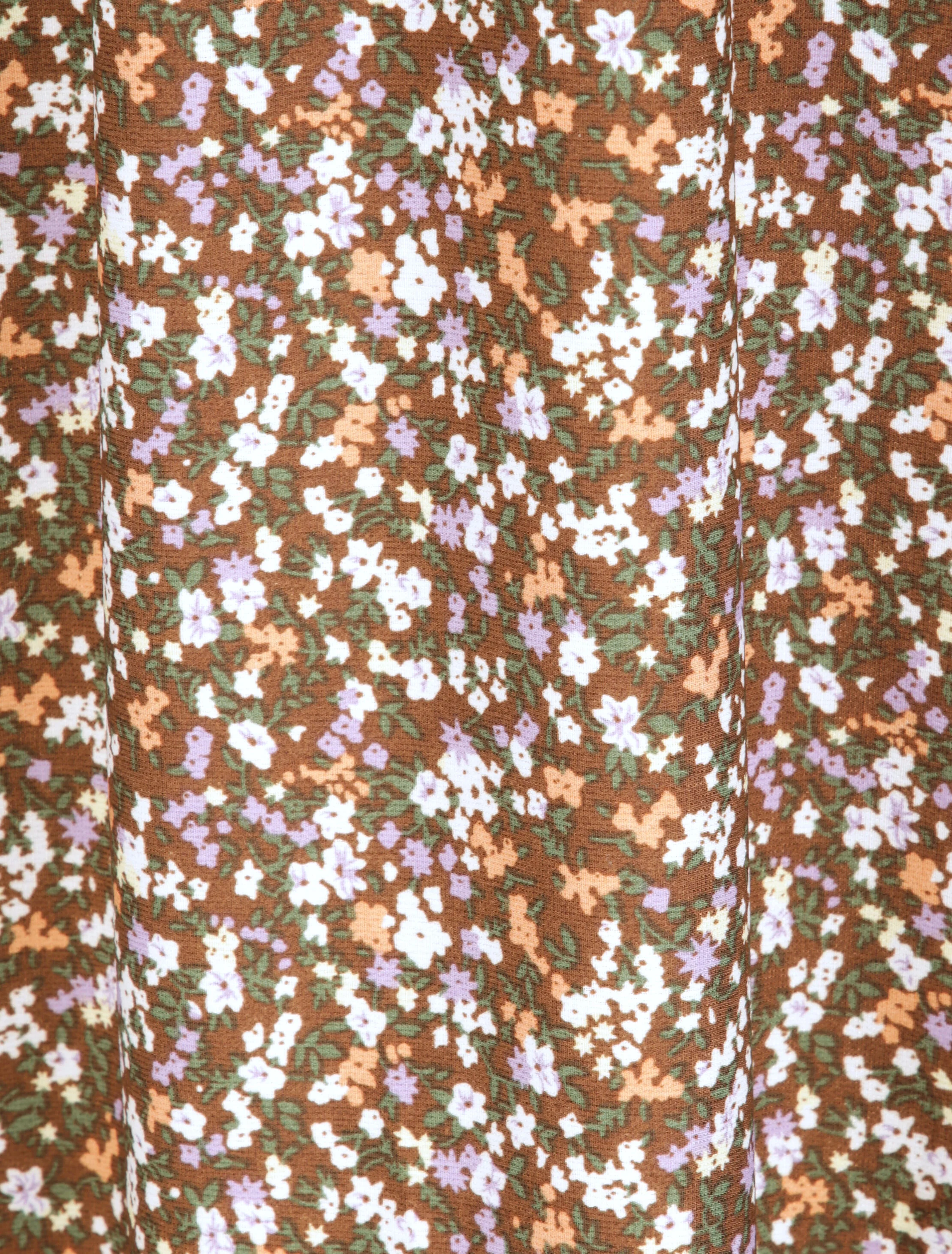 Lange jurk met kleine bloemenprint en kanten V-hals - Bruin - Image 4