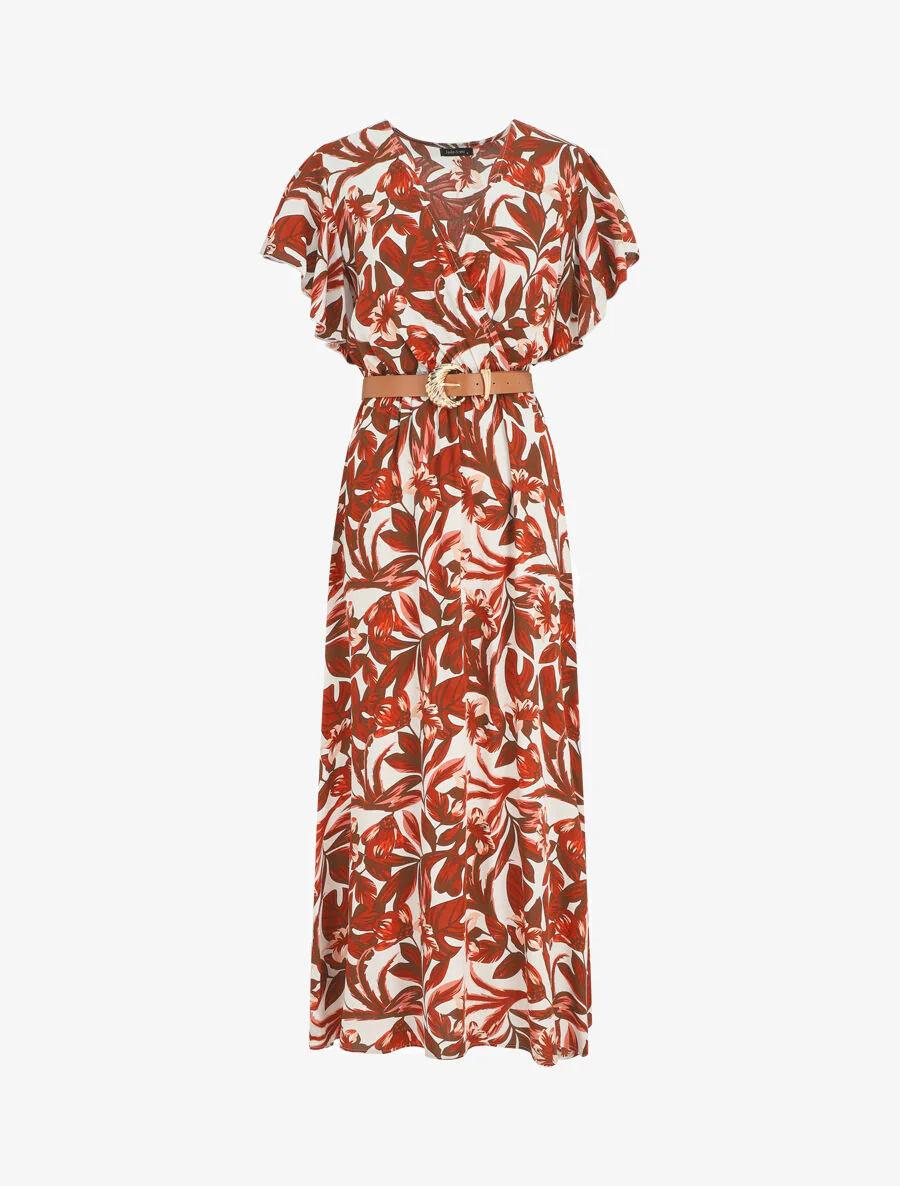 Lange jurk met korte mouwen en bloemige print - bruin