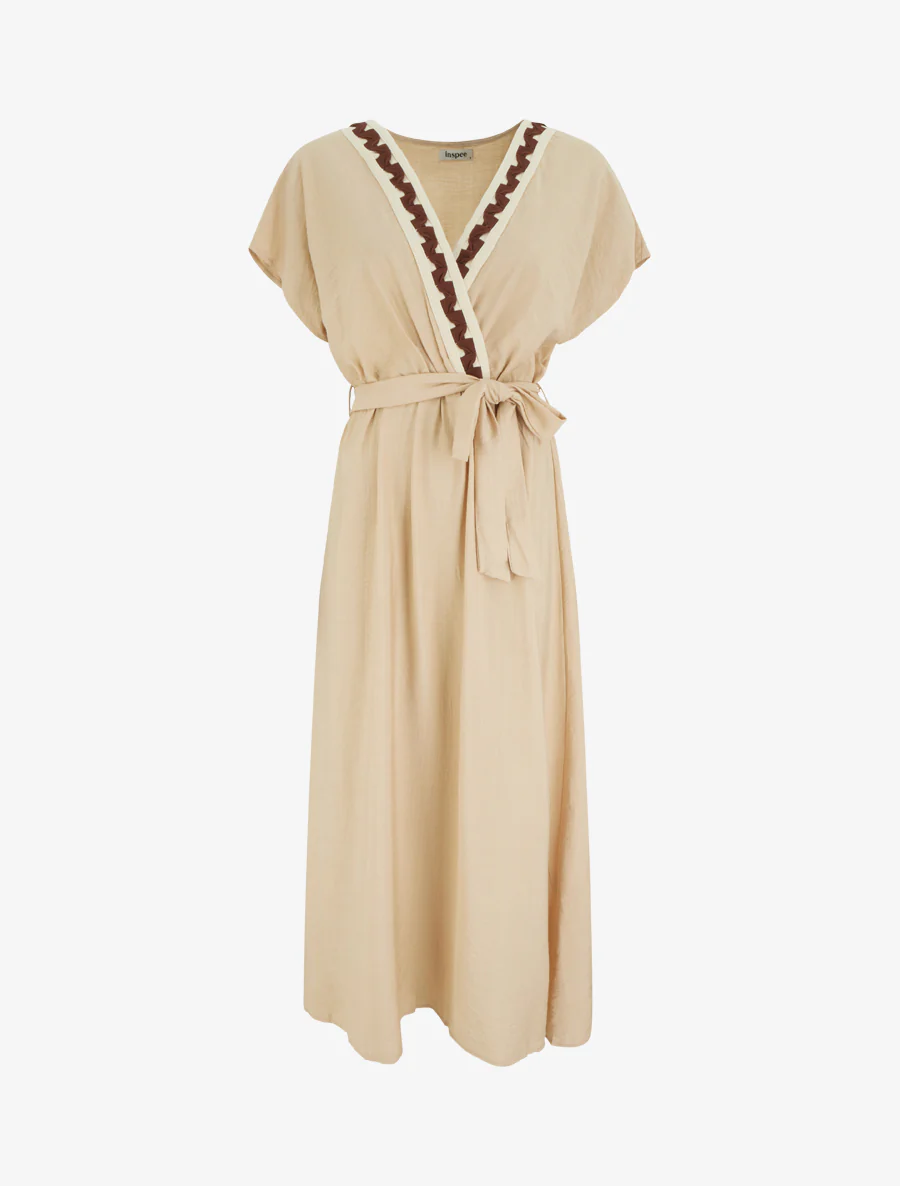 Lange jurk met korte mouwen en fantasiekraag - Beige