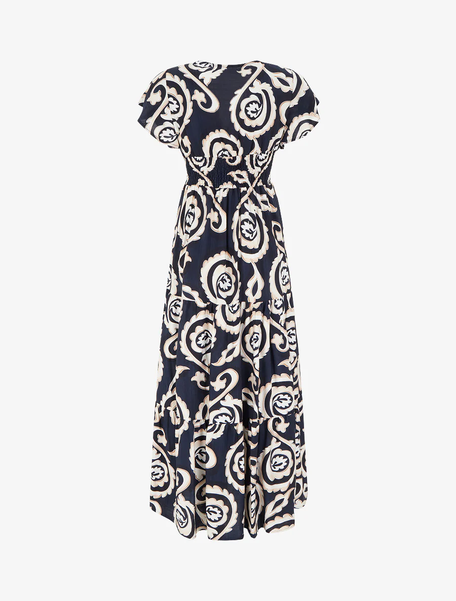 Lange jurk met korte mouwen en gestileerde paisleyprint - Marine - Image 2