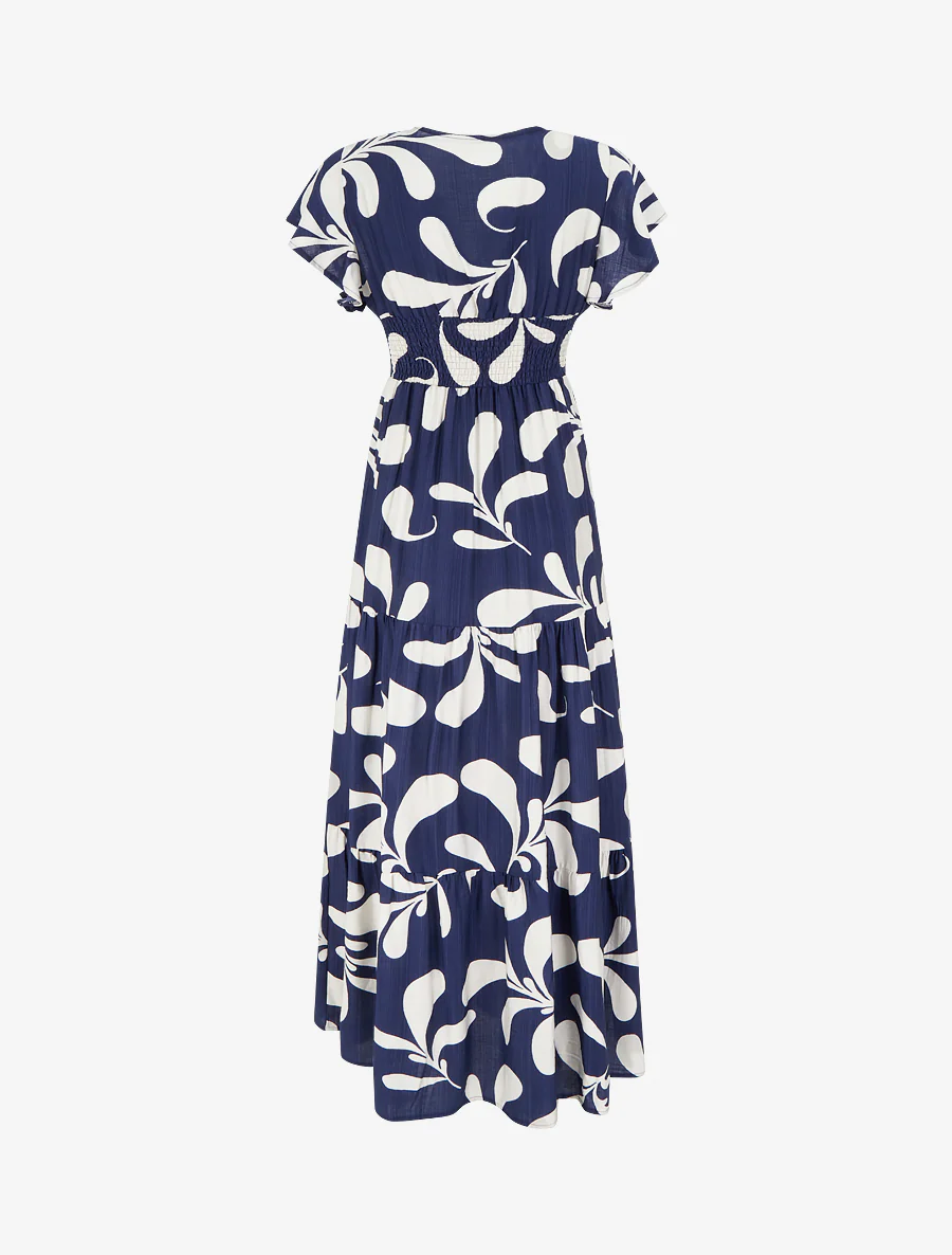 Lange jurk met korte mouwen en gestileerde plantenprint - Marine - Image 2