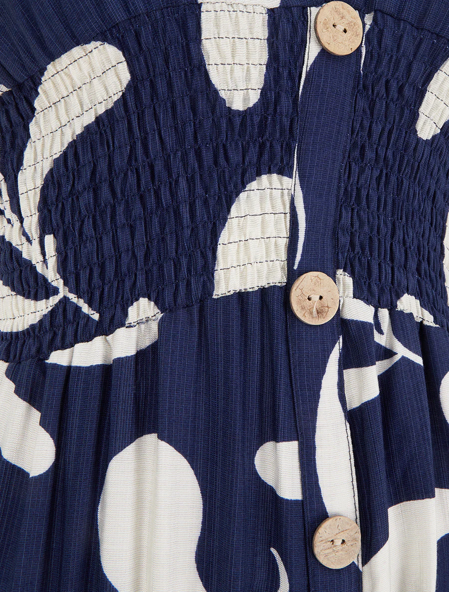 Lange jurk met korte mouwen en gestileerde plantenprint - Marine - Image 3