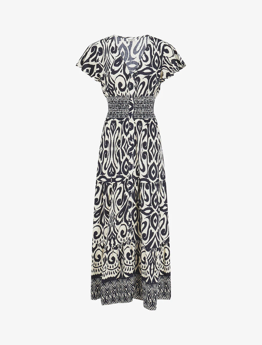 Lange jurk met korte mouwen en grafische print - Marineblauw