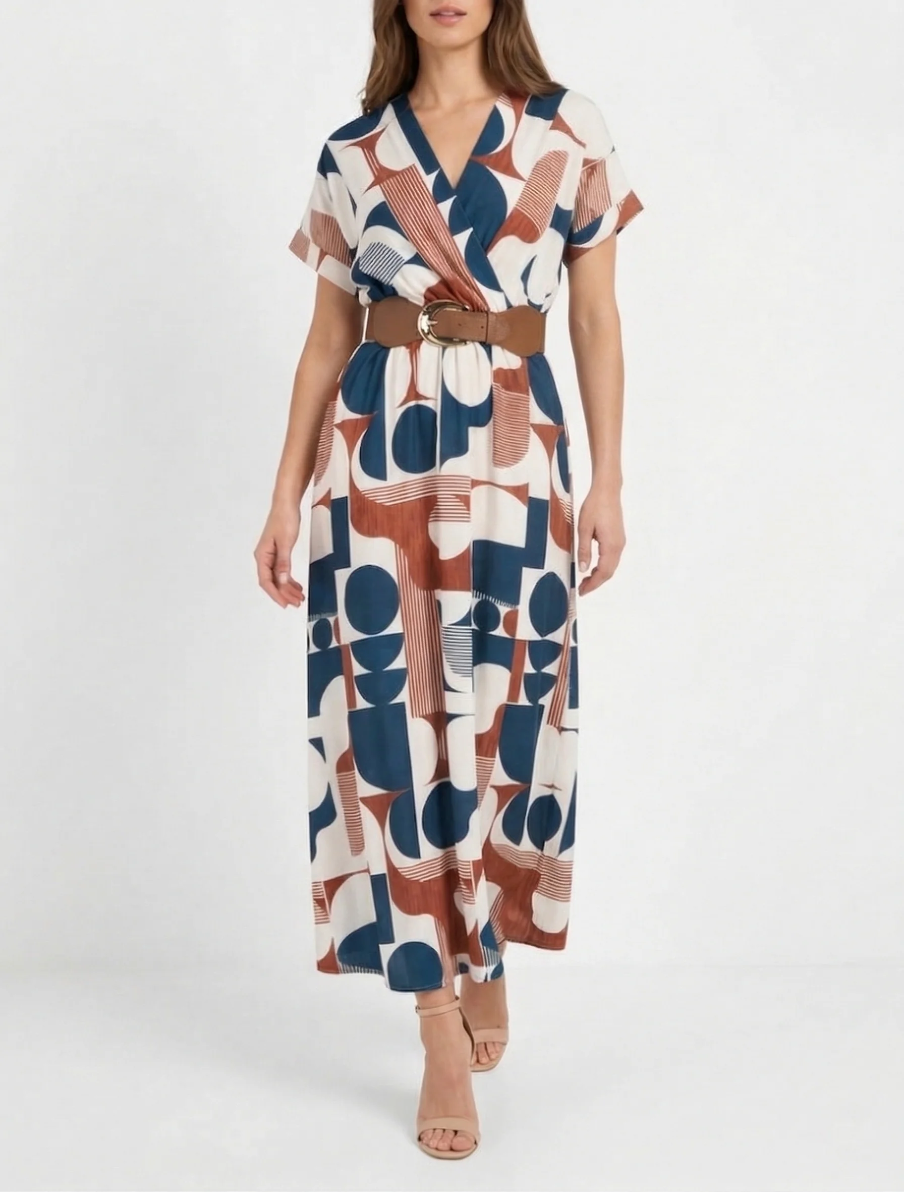 Lange jurk met korte mouwen en grafische print - Eendenblauw - Image 4
