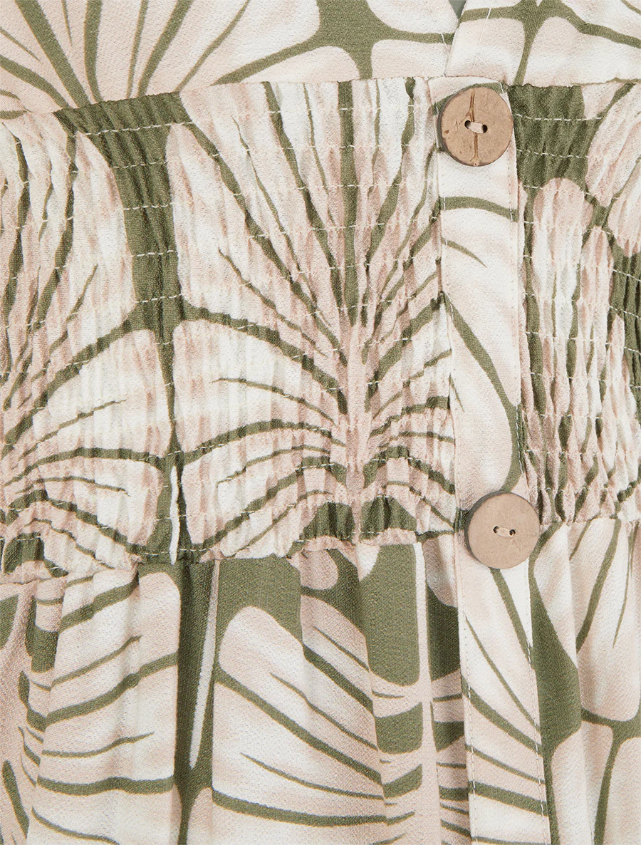 Lange jurk met korte mouwen en grote bladerenprint - Kaki - Image 3