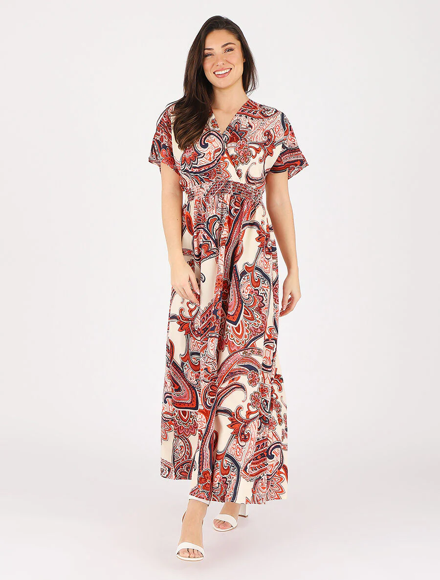 Lange jurk met korte mouwen en paisleyprint - Rood - Image 4