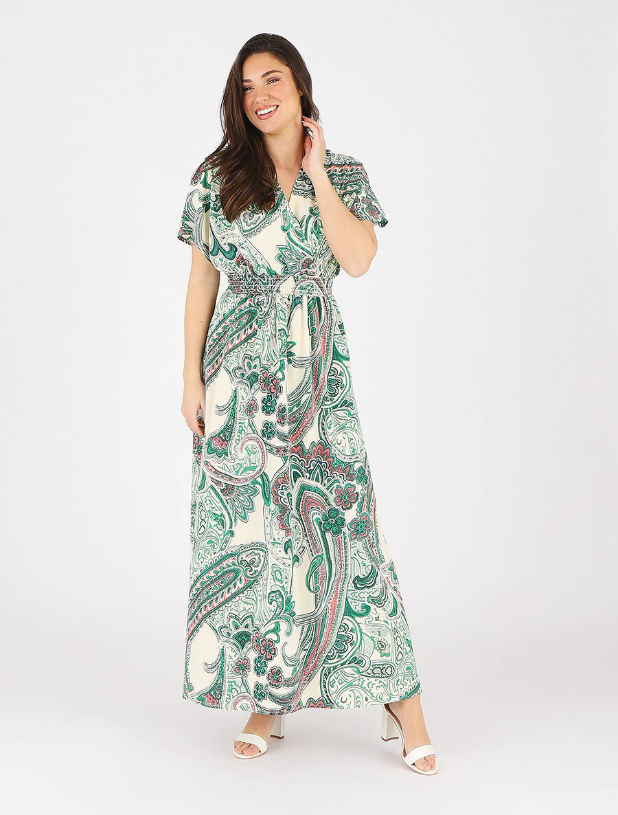 Lange jurk met korte mouwen en paisleyprint - groen - Image 4