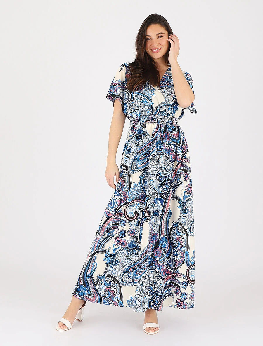 Lange jurk met korte mouwen en paisleyprint - blauw - Image 4