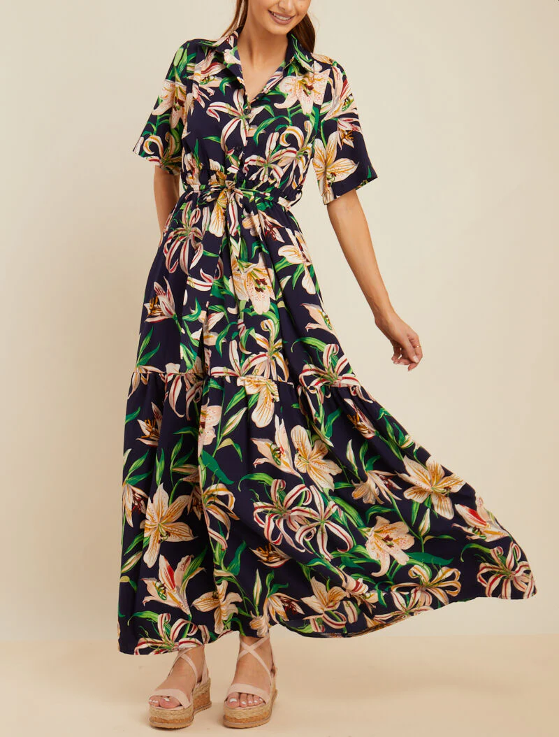 Lange jurk met leliebloemenprint - marine