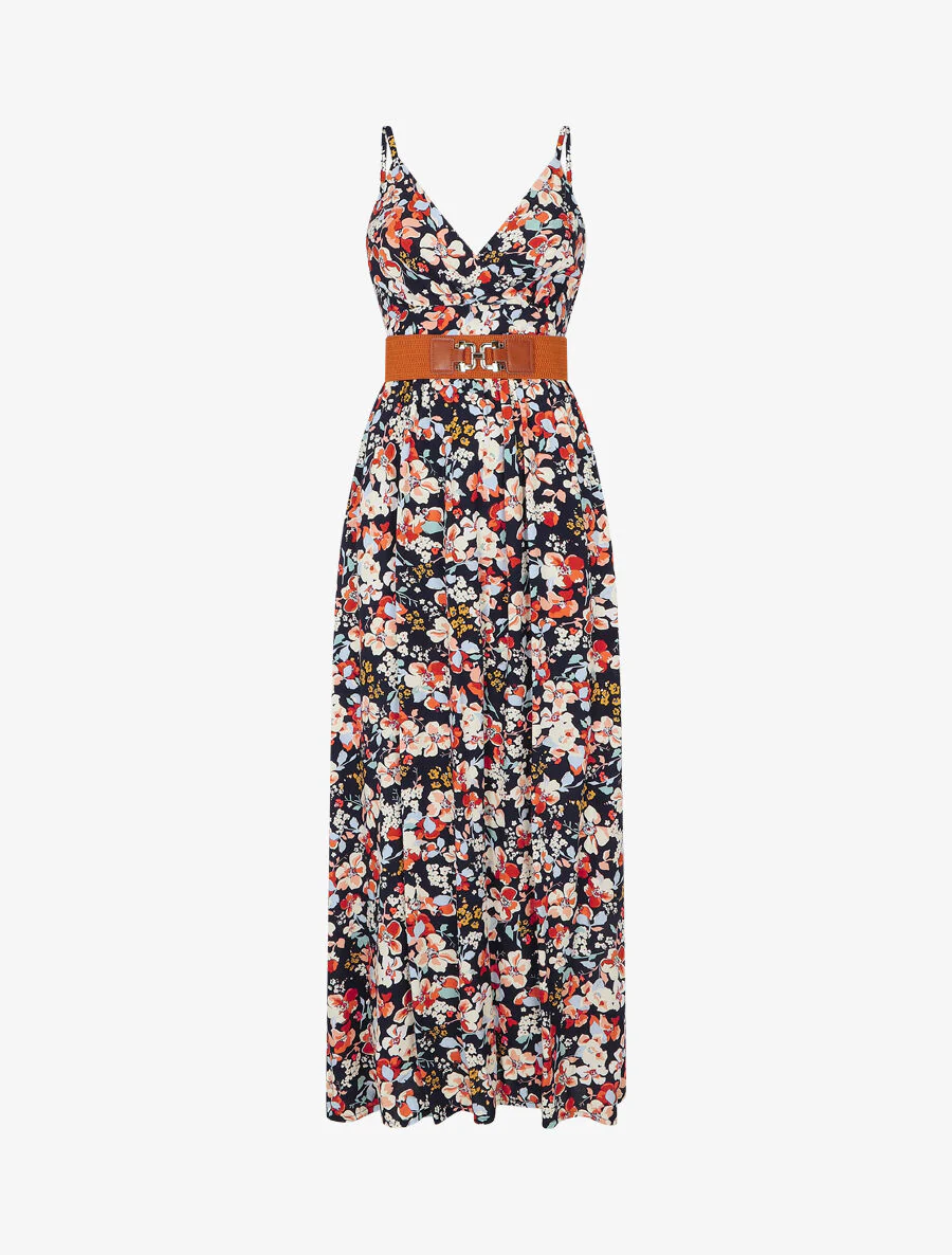 Lange jurk met lentebloemenprint - Marineblauw
