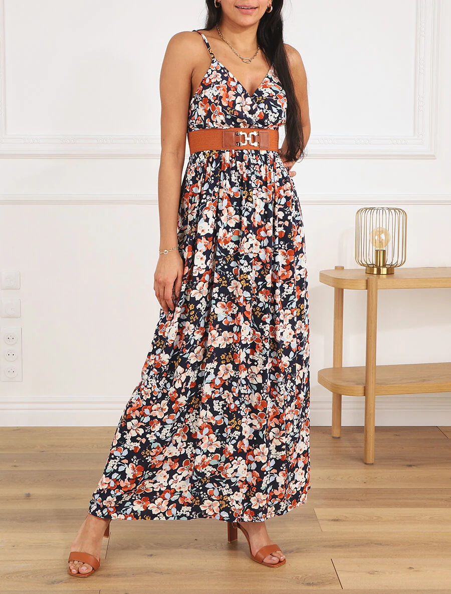 Lange jurk met lentebloemenprint - Marineblauw - Image 4