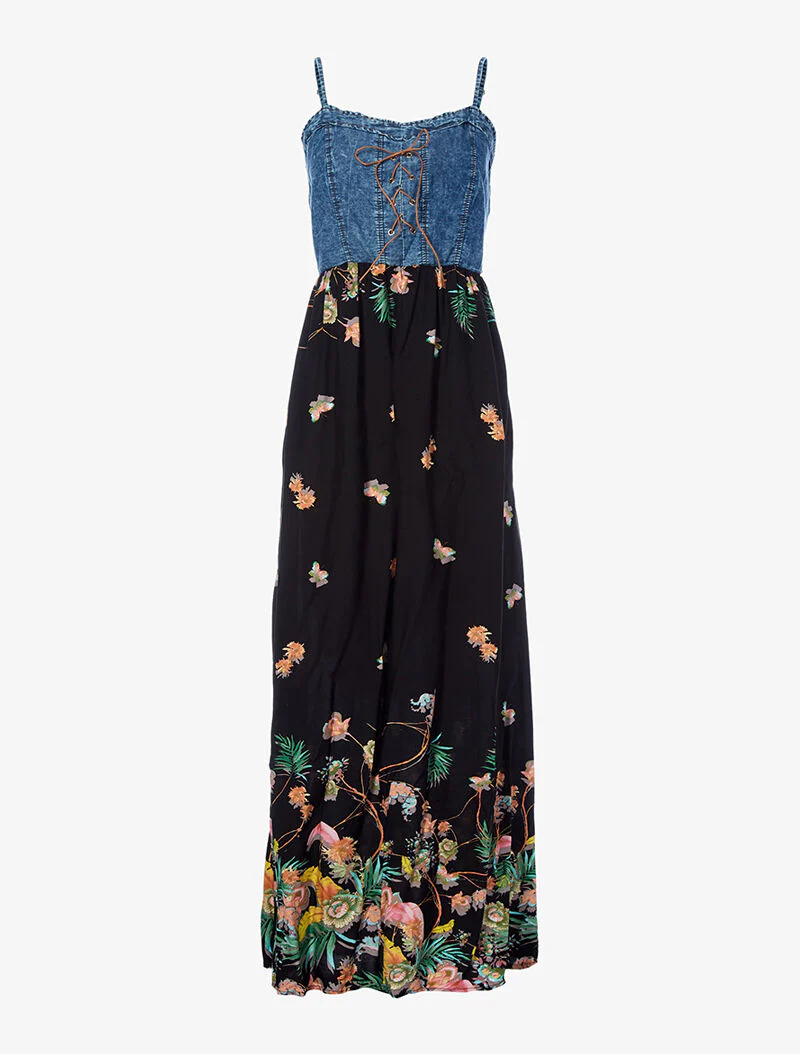 Lange jurk met lentebloemenprint en denim buste - zwart