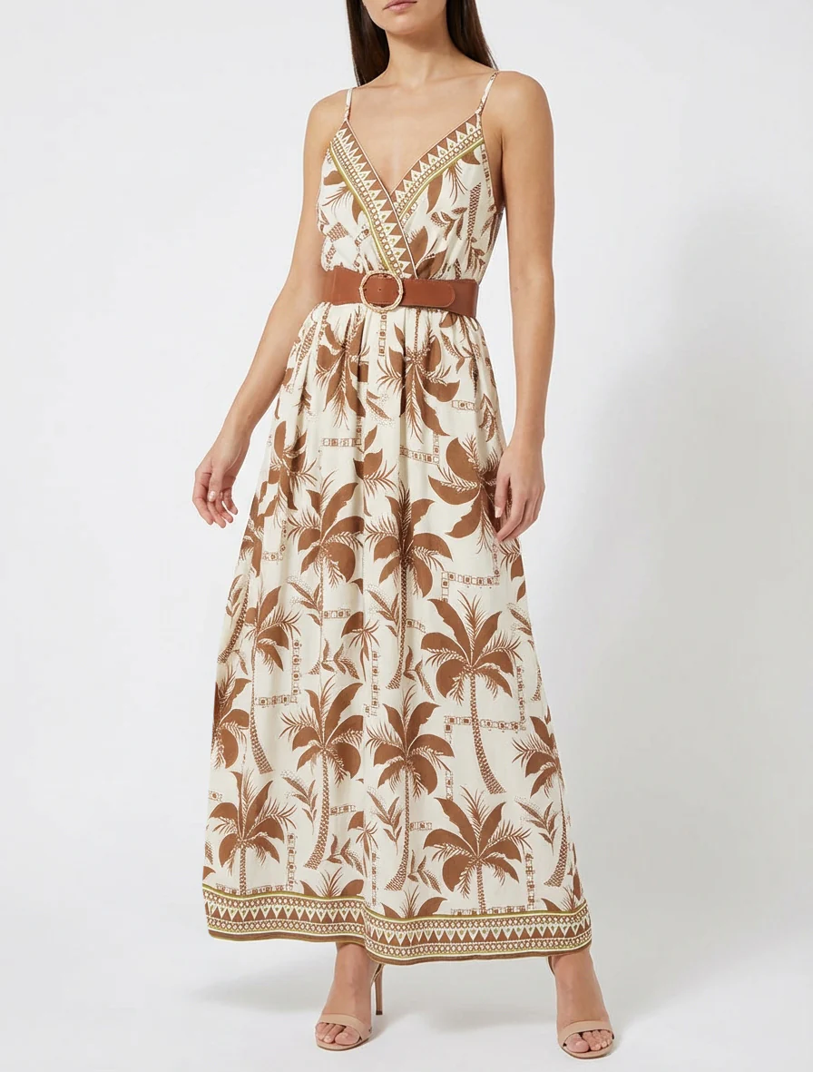Lange jurk met palmprint - Bruin - Image 4