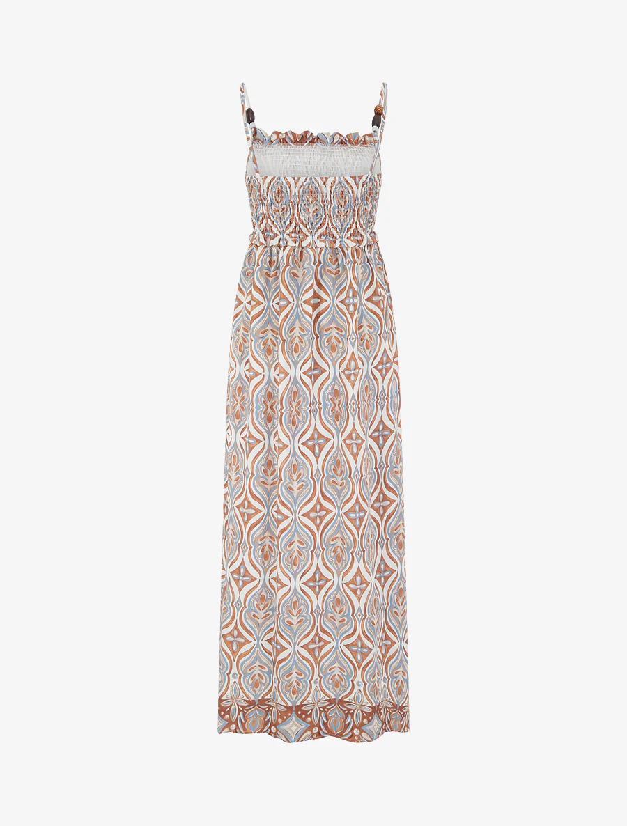 Lange jurk met parelbandjes en fantasieprint. - Beige - Image 2