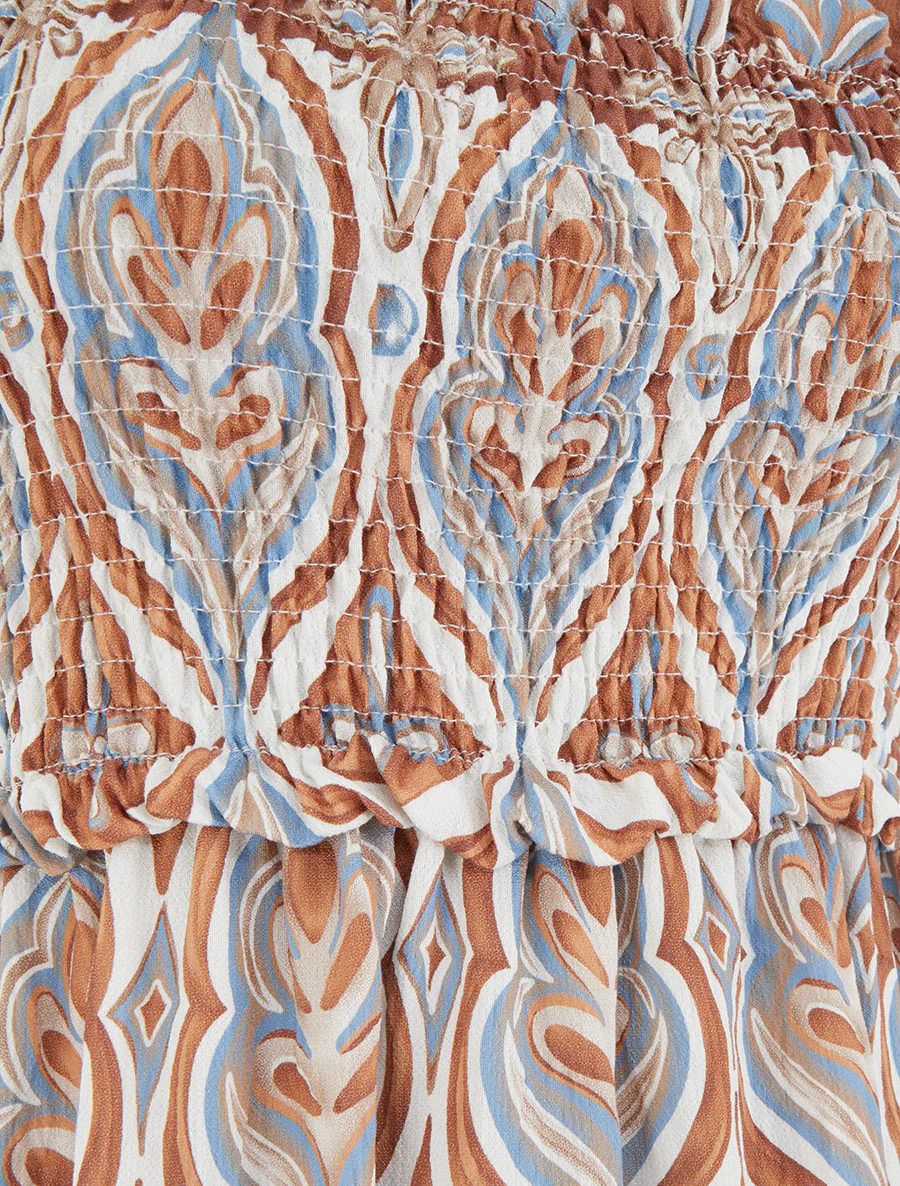 Lange jurk met parelbandjes en fantasieprint. - Beige - Image 3