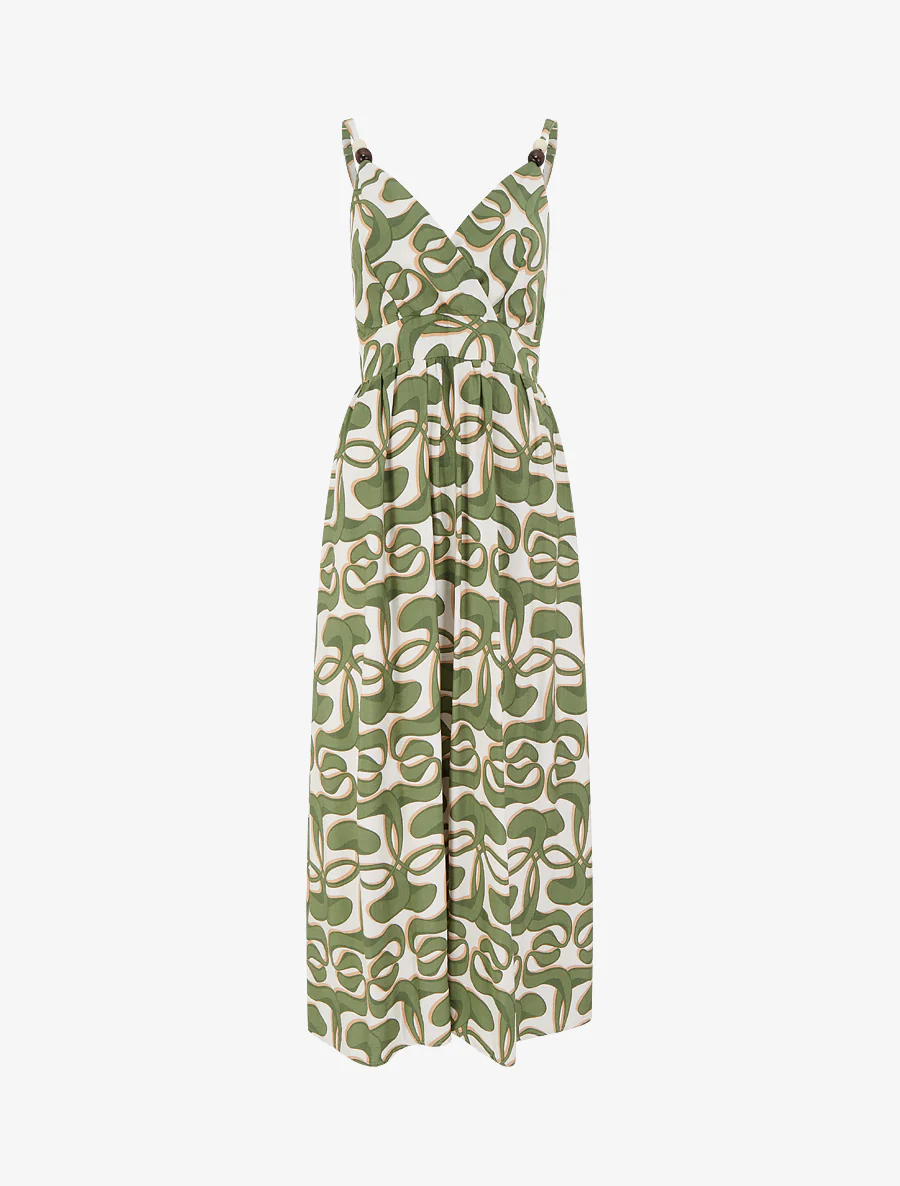Lange jurk met parels en grafische print. - Kaki