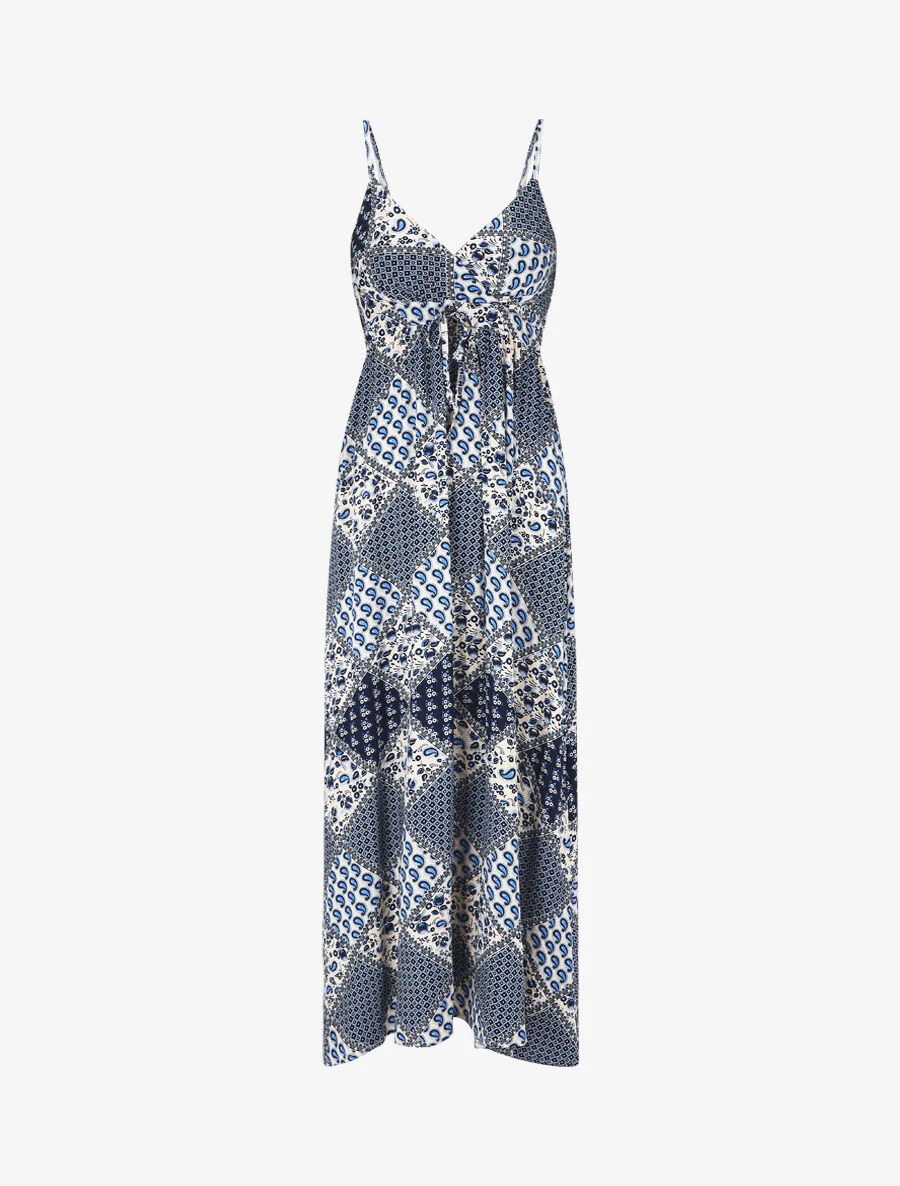 Lange jurk met schouderbandjes en sjaalprint - blauw