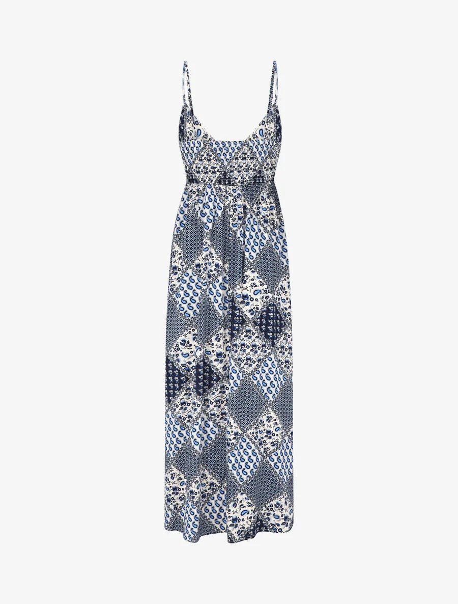 Lange jurk met schouderbandjes en sjaalprint - blauw - Image 2