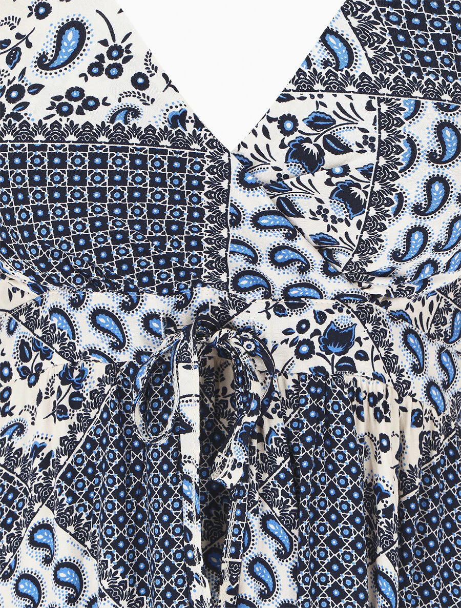 Lange jurk met schouderbandjes en sjaalprint - blauw - Image 3