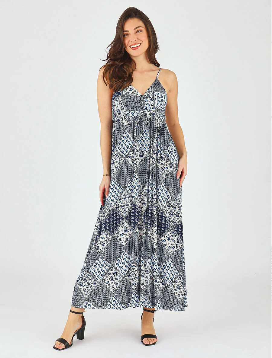 Lange jurk met schouderbandjes en sjaalprint - blauw - Image 4