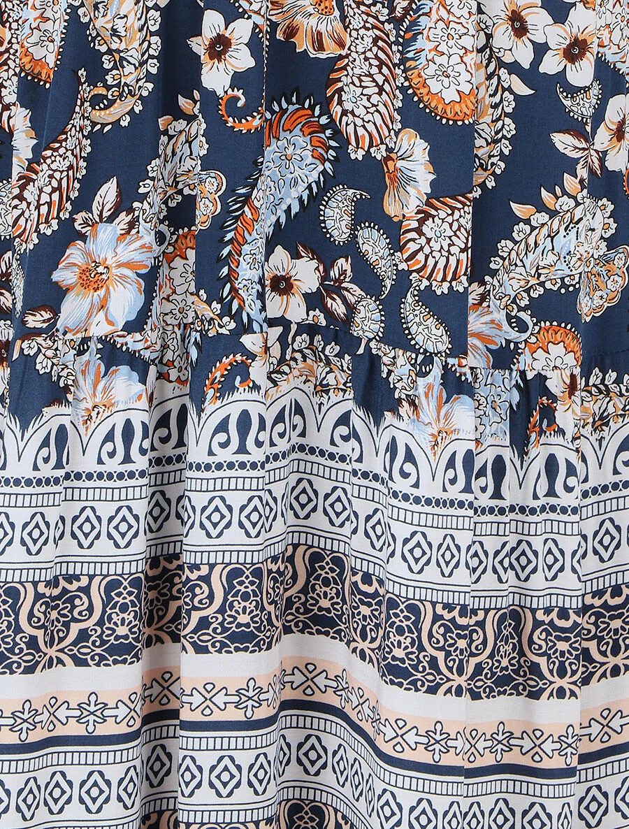 Lange jurk met sjaalprint en mozaïek - Marineblauw - Image 3