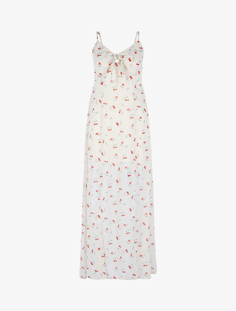 Lange gespleten jurk in bedrukt voile - beige