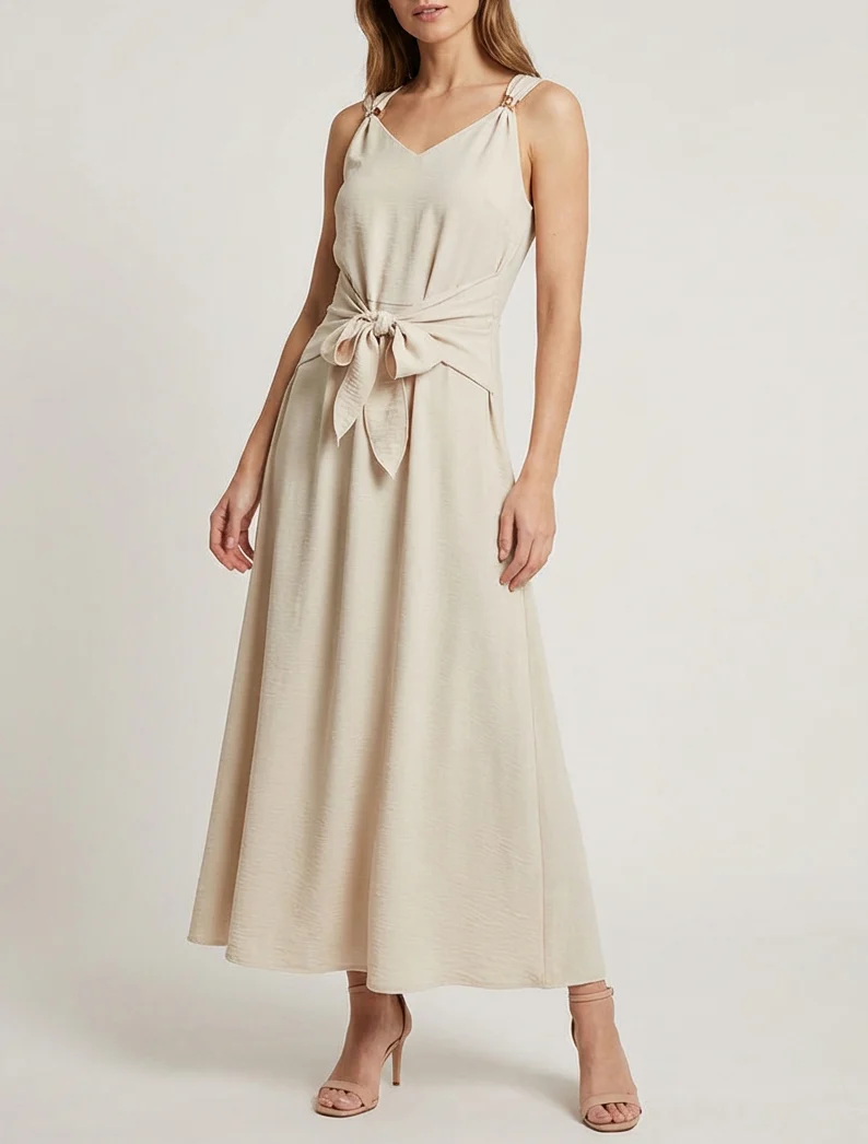 Lange jurk met strikpanelen - Beige - Image 4
