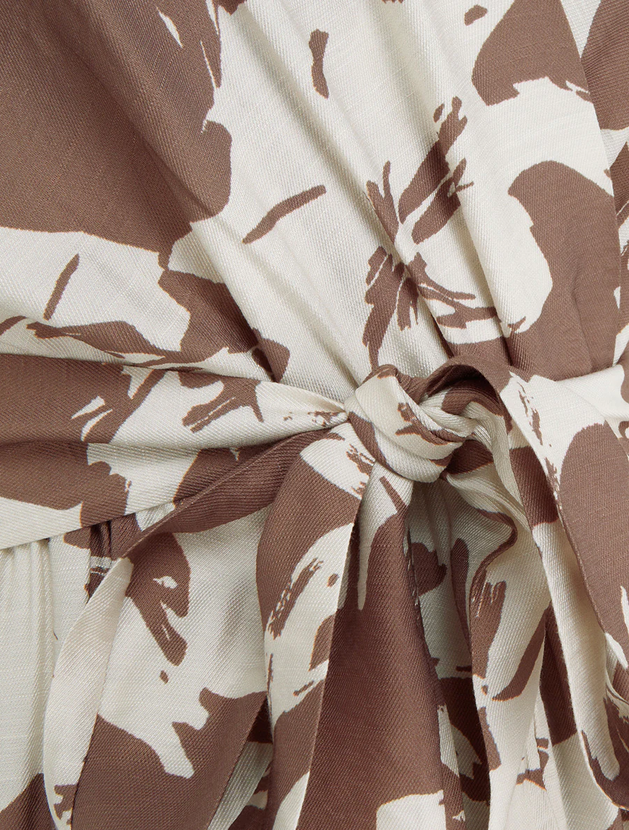 Lange jurk met tropische bloemenprint en korte mouwen - Bruin - Image 3