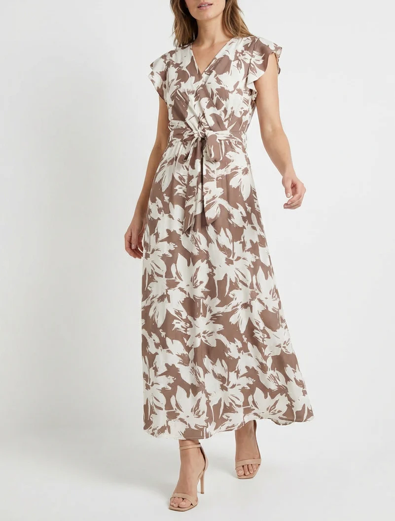 Lange jurk met tropische bloemenprint en korte mouwen - Bruin - Image 4