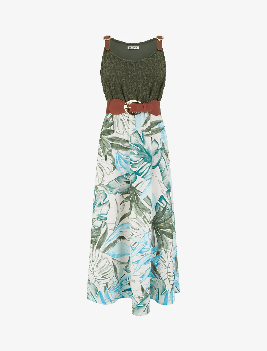 Lange jurk met tropische print en imitatiebandjes - Kaki
