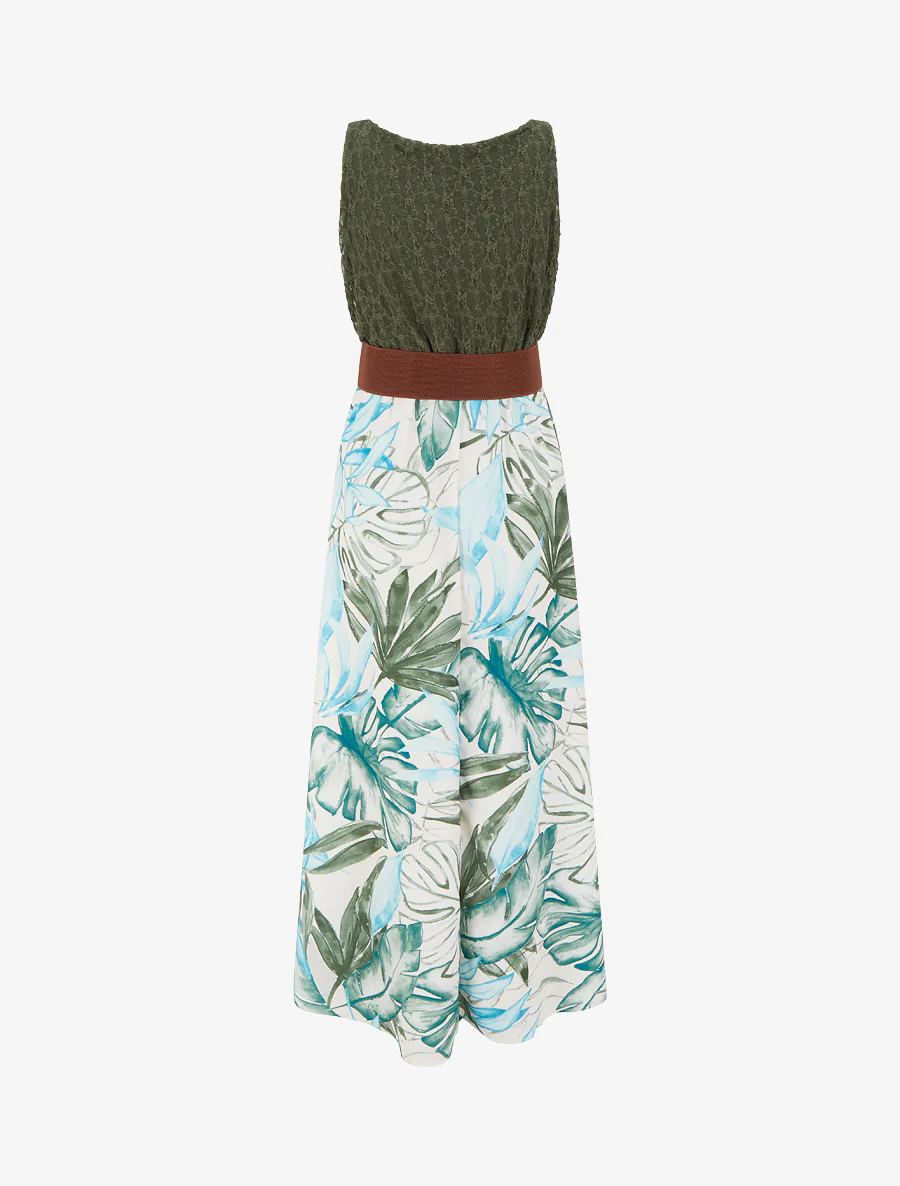 Lange jurk met tropische print en imitatiebandjes - Kaki - Image 2