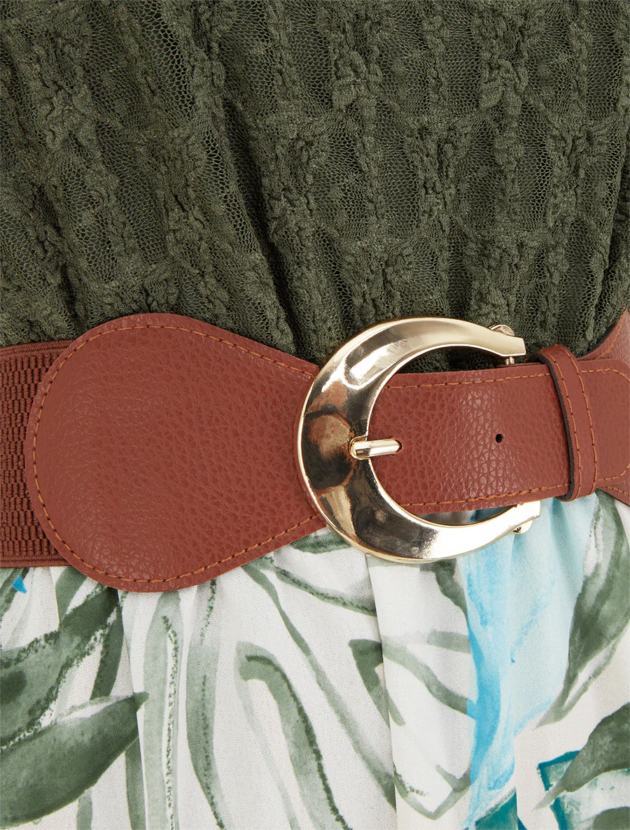 Lange jurk met tropische print en imitatiebandjes - Kaki - Image 3