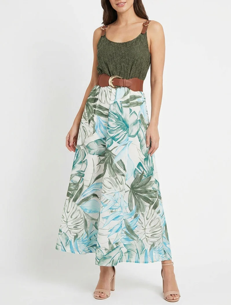 Lange jurk met tropische print en imitatiebandjes - Kaki - Image 4