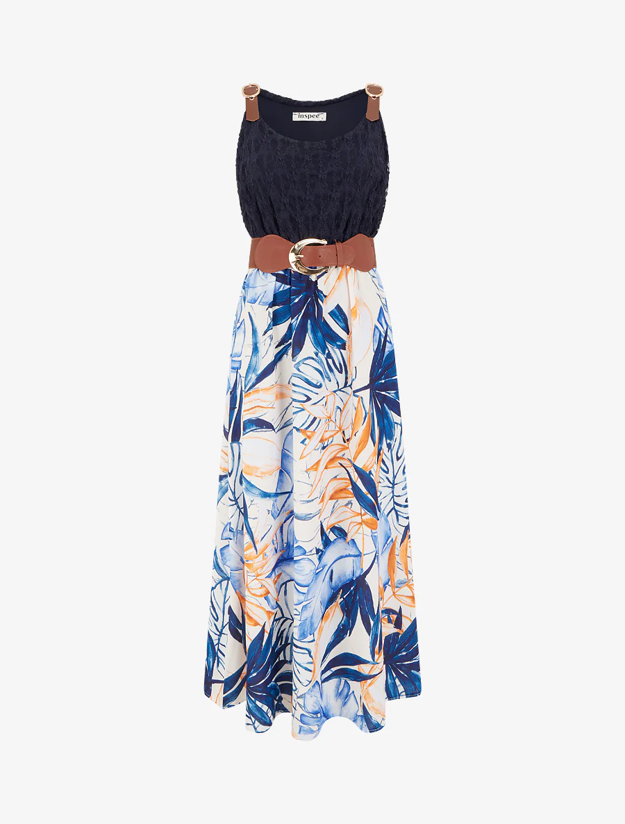 Lange jurk met tropische print en imitatiebandjes - Marine