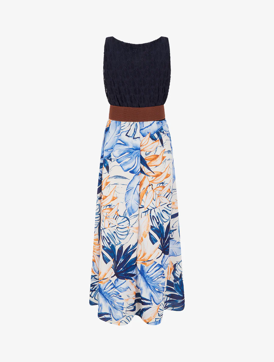 Lange jurk met tropische print en imitatiebandjes - Marine - Image 2