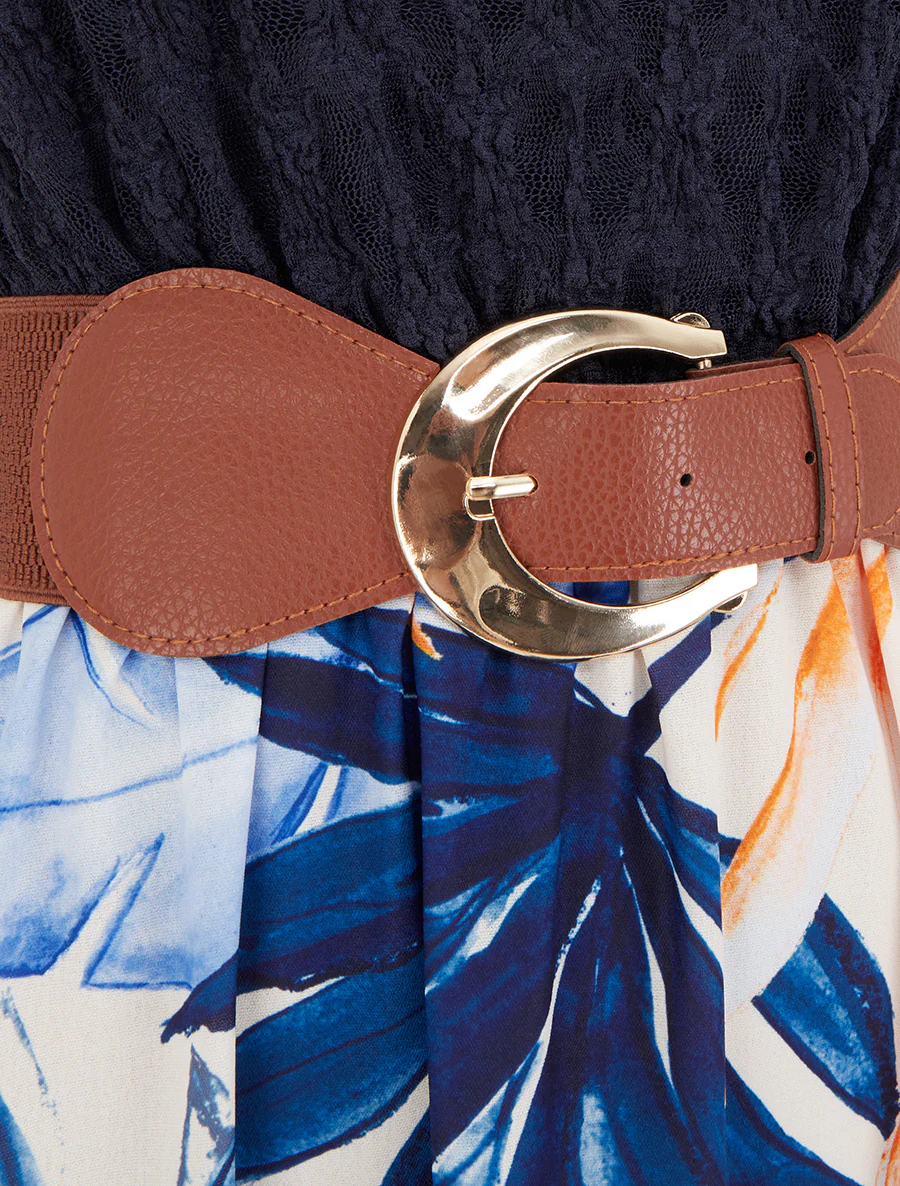 Lange jurk met tropische print en imitatiebandjes - Marine - Image 3