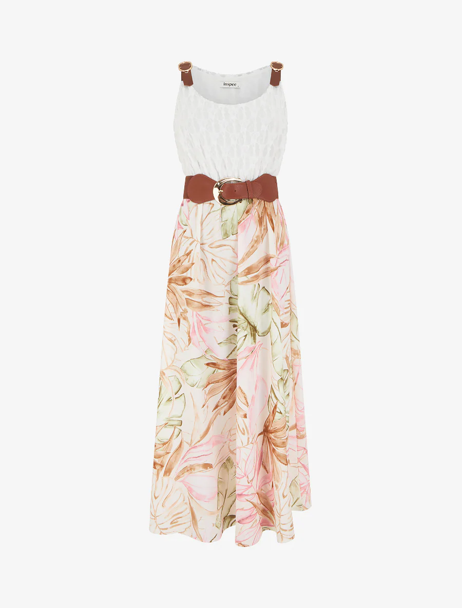 Lange jurk met tropische print en imitatiebandjes - Beige