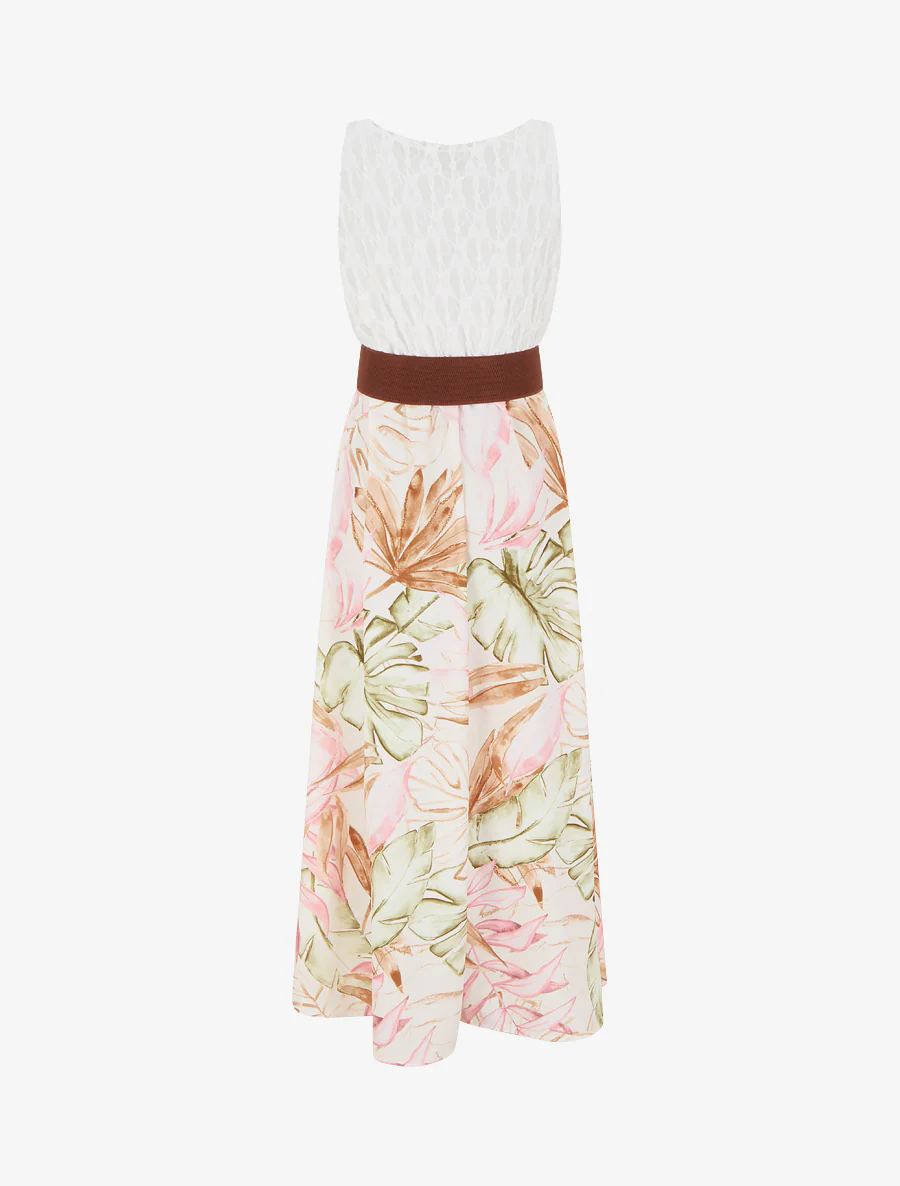Lange jurk met tropische print en imitatiebandjes - Beige - Image 2