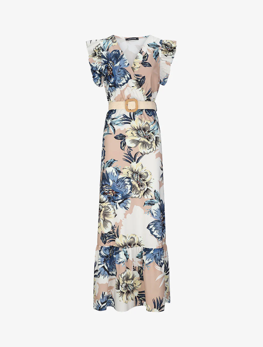 Lange jurk met tropische print en volantmouwen - Camel