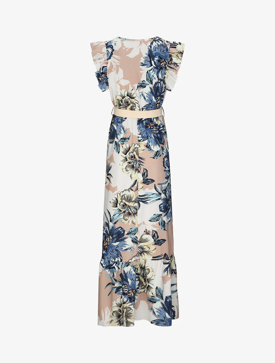 Lange jurk met tropische print en volantmouwen - Camel - Image 2