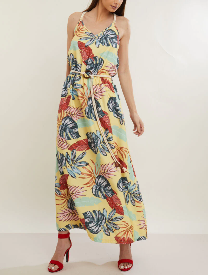 Lange jurk met tropische print - geel