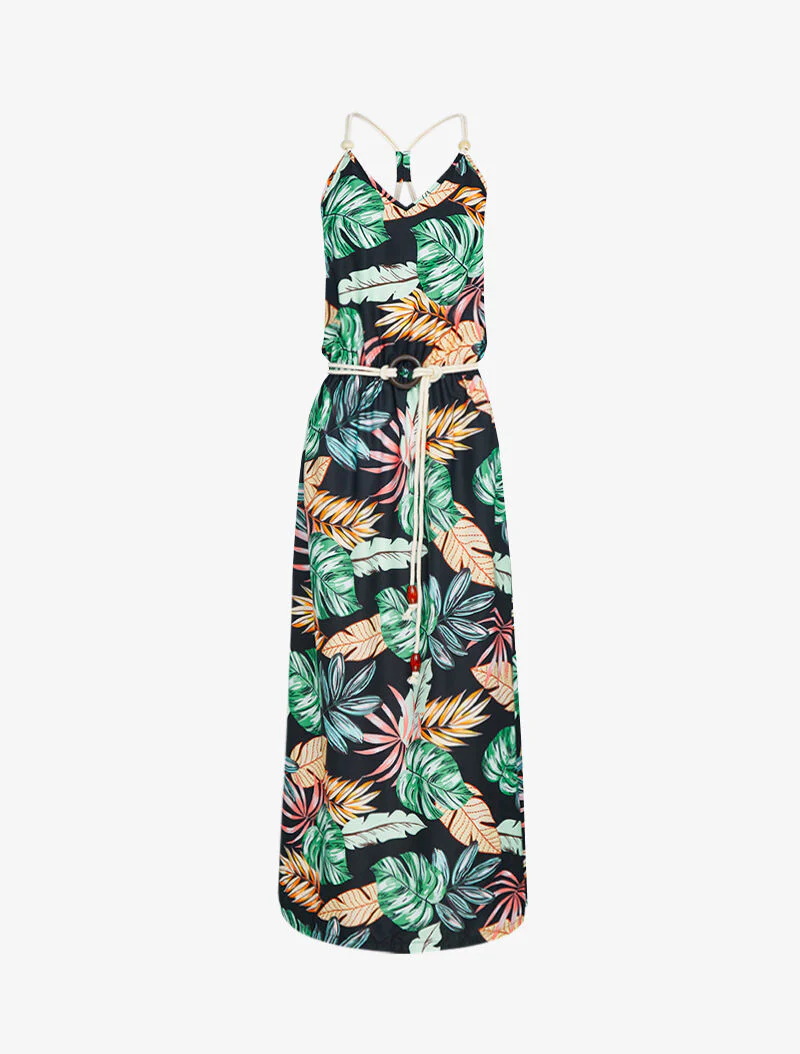 Lange jurk met tropische print - zwart